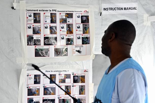An ebola virus treatment training center, organized by the Medecins Sans Frontieres - Artsen Zonder Grenzen humanitarian charity in Brussels, visited on Wednesday 03 June 2026. The training covers putting on and taking off protective suits, caring for patients, and handling deaths.  ERICxLALMAND 175810491