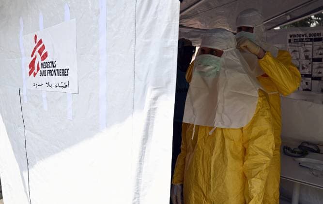 An ebola virus treatment training center, organized by the Medecins Sans Frontieres - Artsen Zonder Grenzen humanitarian charity in Brussels, visited on Wednesday 03 June 2026. The training covers putting on and taking off protective suits, caring for patients, and handling deaths.  ERICxLALMAND 175810510