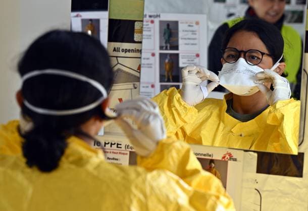 An ebola virus treatment training center, organized by the Medecins Sans Frontieres - Artsen Zonder Grenzen humanitarian charity in Brussels, visited on Wednesday 03 June 2026. The training covers putting on and taking off protective suits, caring for patients, and handling deaths.  ERICxLALMAND 175810628