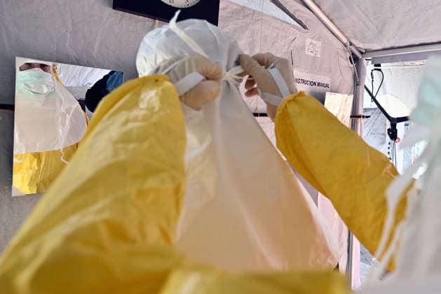 An ebola virus treatment training center, organized by the Medecins Sans Frontieres - Artsen Zonder Grenzen humanitarian charity in Brussels, visited on Wednesday 03 June 2026. The training covers putting on and taking off protective suits, caring for patients, and handling deaths.  ERICxLALMAND 175810637