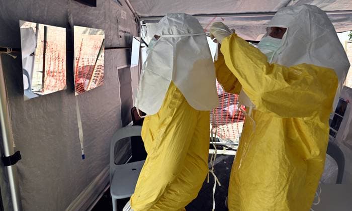 An ebola virus treatment training center, organized by the Medecins Sans Frontieres - Artsen Zonder Grenzen humanitarian charity in Brussels, visited on Wednesday 03 June 2026. The training covers putting on and taking off protective suits, caring for patients, and handling deaths.  ERICxLALMAND 175810697
