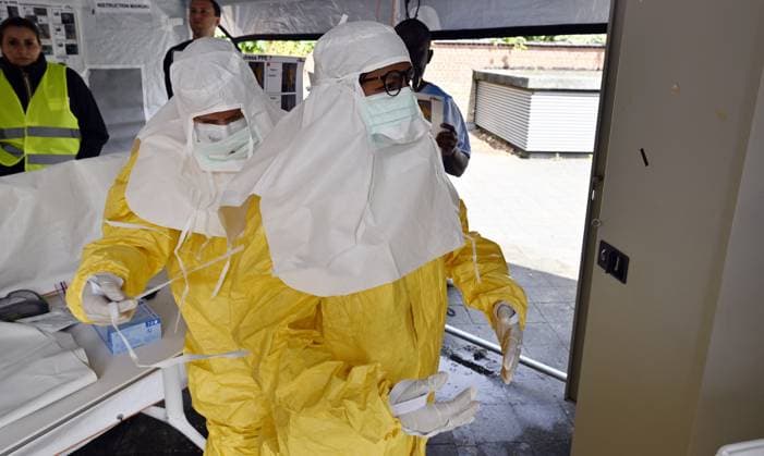 An ebola virus treatment training center, organized by the Medecins Sans Frontieres - Artsen Zonder Grenzen humanitarian charity in Brussels, visited on Wednesday 03 June 2026. The training covers putting on and taking off protective suits, caring for patients, and handling deaths.  ERICxLALMAND 175810949