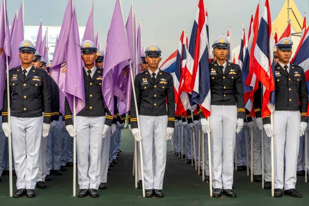 June 3, 2026, Bangkok, Bangkok, Thailand: Honor guard soldiers stand holding flags while taking part in a ceremony to honor the birthday of Her Majesty Queen Suthida Bajrasudhabimalalakshana the queen of Thailand at Sanam Luang royal field in Bangkok, Thailand. Bangkok Thailand  - ZUMAt128 20260603_zap_t128_001 Copyright: xAdryelxTalamantesx