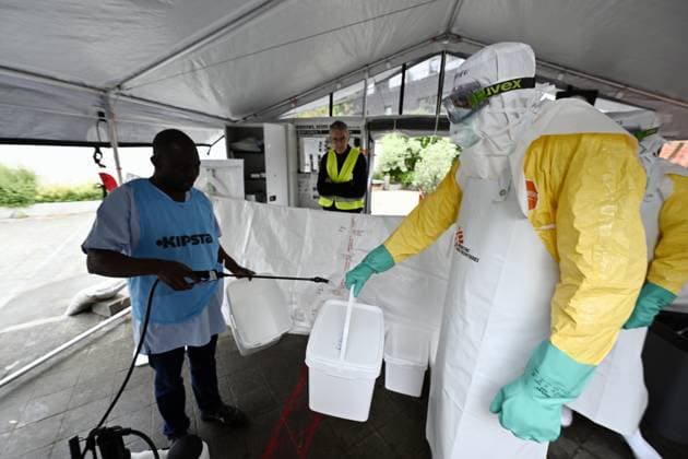 an ebola virus treatment training center, organized by the Medecins Sans Frontieres - Artsen Zonder Grenzen humanitarian charity in Brussels, visited on Wednesday 03 June 2026. The training covers putting on and taking off protective suits, caring for patients, and handling deaths.  ERICxLALMAND 175814727