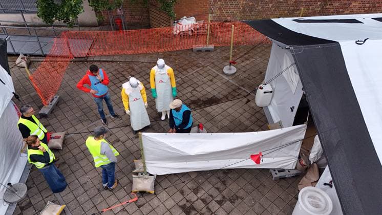 an ebola virus treatment training center, organized by the Medecins Sans Frontieres - Artsen Zonder Grenzen humanitarian charity in Brussels, visited on Wednesday 03 June 2026. The training covers putting on and taking off protective suits, caring for patients, and handling deaths.  ERICxLALMAND 175814736