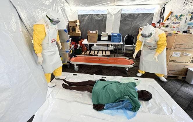 an ebola virus treatment training center, organized by the Medecins Sans Frontieres - Artsen Zonder Grenzen humanitarian charity in Brussels, visited on Wednesday 03 June 2026. The training covers putting on and taking off protective suits, caring for patients, and handling deaths.  ERICxLALMAND 175816209