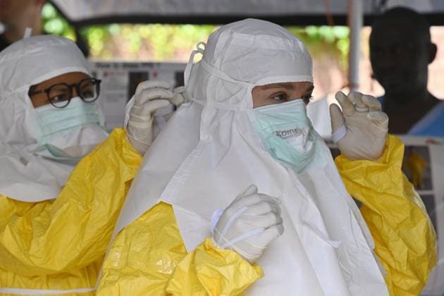 An ebola virus treatment training center, organized by the Medecins Sans Frontieres - Artsen Zonder Grenzen humanitarian charity in Brussels, visited on Wednesday 03 June 2026. The training covers putting on and taking off protective suits, caring for patients, and handling deaths.  ERICxLALMAND 175817009