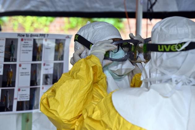 An ebola virus treatment training center, organized by the Medecins Sans Frontieres - Artsen Zonder Grenzen humanitarian charity in Brussels, visited on Wednesday 03 June 2026. The training covers putting on and taking off protective suits, caring for patients, and handling deaths.  ERICxLALMAND 175817507