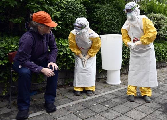 An ebola virus treatment training center, organized by the Medecins Sans Frontieres - Artsen Zonder Grenzen humanitarian charity in Brussels, visited on Wednesday 03 June 2026. The training covers putting on and taking off protective suits, caring for patients, and handling deaths.  ERICxLALMAND 175817512