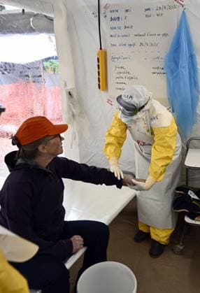 An ebola virus treatment training center, organized by the Medecins Sans Frontieres - Artsen Zonder Grenzen humanitarian charity in Brussels, visited on Wednesday 03 June 2026. The training covers putting on and taking off protective suits, caring for patients, and handling deaths.  ERICxLALMAND 175817689
