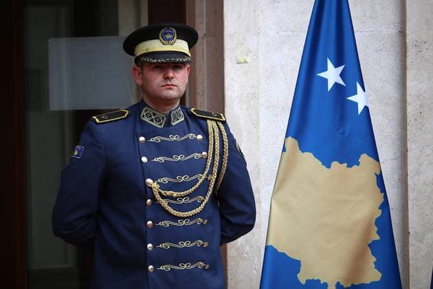 European Council President Costa meets acting Kosovo President Haxhiu in Pristina PRISTINA, KOSOVO - JUNE 03: A member of the ceremonial guard stands beside a Kosovo flag ahead of the meeting between President of the European Council Antonio Costa and Acting President of Kosovo and Speaker of the Assembly Albulena Haxhiu in Pristina, Kosovo, on June 03, 2026. Erkin Keçi Anadolu Pristina Kosovo. Editorial use only. Please get in touch for any other usage.  Copyright: x2026xAnadoluxErkinxKecix