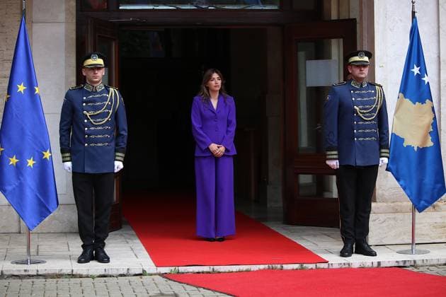 European Council President Costa meets acting Kosovo President Haxhiu in Pristina PRISTINA, KOSOVO - JUNE 03: Acting President of Kosovo and Speaker of the Assembly Albulena Haxhiu stands between European Union and Kosovo flags ahead of her meeting with President of the European Council Antonio Costa in Pristina, Kosovo, on June 03, 2026. Erkin Keçi Anadolu Pristina Kosovo. Editorial use only. Please get in touch for any other usage.  Copyright: x2026xAnadoluxErkinxKecix