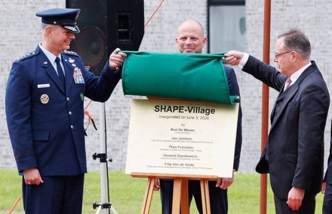 General Alexus G. Grynkewich, Belgian Minister of Defence Theo Francken and Belgian Prime Minister Bart De Wever pictured at the inauguration of the new buildings in the NATO SHAPE-Village in Casteau, Soignies on Wednesday 03 June 2026. The Supreme Headquarters Allied Powers Europe, located near Mons, is the NATO central command center in Europe.  BENOITxDOPPAGNE 175819062