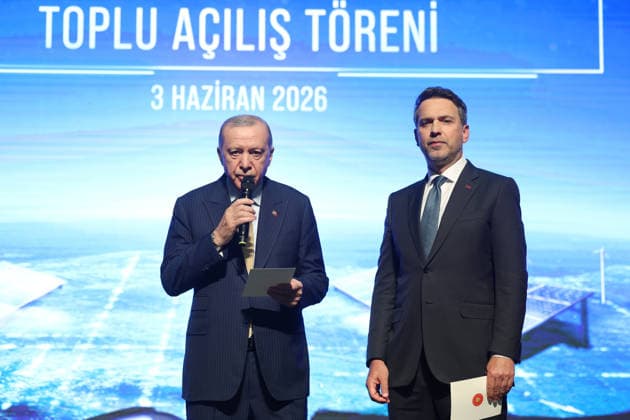 2025 Renewable Energy Investments Mass Opening Ceremony ANKARA, TURKIYE - JUNE 03: (----EDITORIAL USE ONLY MANDATORY CREDIT - TURKISH PRESIDENCY MUSTAFA KAMACI HANDOUT - NO MARKETING NO ADVERTISING CAMPAIGNS - DISTRIBUTED AS A SERVICE TO CLIENTS----) Turkish President Recep Tayyip Erdogan (L) delivers a speech during the 2025 Renewable Energy Investments Mass Opening Ceremony at the Bestepe Millet Congress and Culture Center in Ankara, Turkiye on June 3, 2026. Turkish Minister of Energy and Natural Resources, Alparslan Bayraktar also attended the ceremony. TUR Presidency Mustafa Kamaci Anadolu Ankara Turkey. Editorial use only. Please get in touch for any other usage.  Copyright: x2026xAnadoluxTURxPresidencyx xMustafaxKamacix