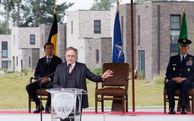 Belgian Prime Minister Bart De Wever delivers a speech at the inauguration of the new buildings in the NATO SHAPE-Village in Casteau, Soignies on Wednesday 03 June 2026. The Supreme Headquarters Allied Powers Europe, located near Mons, is the NATO central command center in Europe.  BENOITxDOPPAGNE 175819333