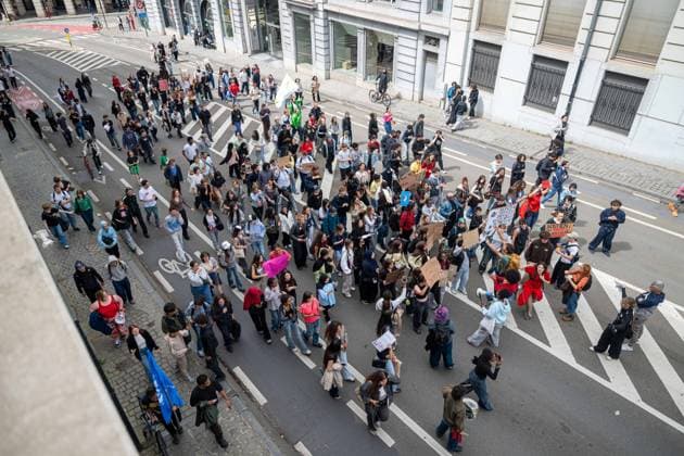 Students gather to protest against the tuition fee increase, outside the headquarters of the Federation Wallonie& 8209;Bruxelles in Brussels on Wednesday 03 June 2026.  JONASxROOSENS 175823203