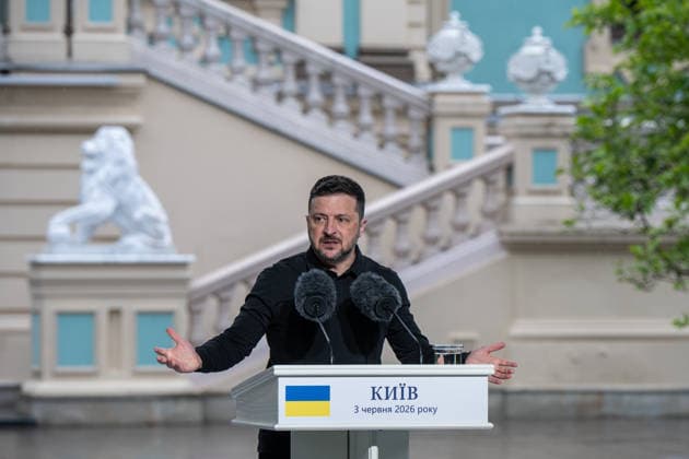 Volodymyr Zelenskyy and Mark Rutte speak at joint press conference in Kyiv KYIV, UKRAINE - JUNE 3: Ukrainian President Volodymyr Zelenskyy and NATO Secretary General Mark Rutte (not seen) hold a joint press conference in Kyiv, Ukraine, on June 3, 2026. Danylo Antoniuk Anadolu Kyiv Ukraine. Editorial use only. Please get in touch for any other usage.  Copyright: x2026xAnadoluxDanyloxAntoniukx