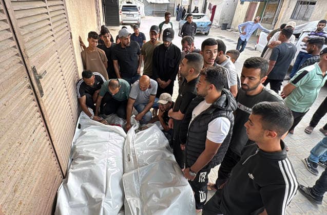 Mourners Bid Farewell to Palestinians Killed in Israeli Strike Relatives and mourners bid farewell to the bodies of Saqr Khalil Abu Karim (al-Aidi) and Moamen Khalil Abu Karim (al-Aidi) during their funeral at Al-Aqsa Martyrs Hospital in Deir al-Balah, central Gaza Strip, on June 3, 2026. The two Palestinians were killed in an Israeli strike that targeted the vicinity of Maki Roundabout in the Maghazi refugee camp, according to medical and local sources. Photo by Ahmed Ibrahim apaimages Deir al-Balah Gaza Palestinian Territory 030626_Deir_al-Balah_AI_01(22) Copyright: xapaimagesxAhmedxIbrahimx xapaimagesx