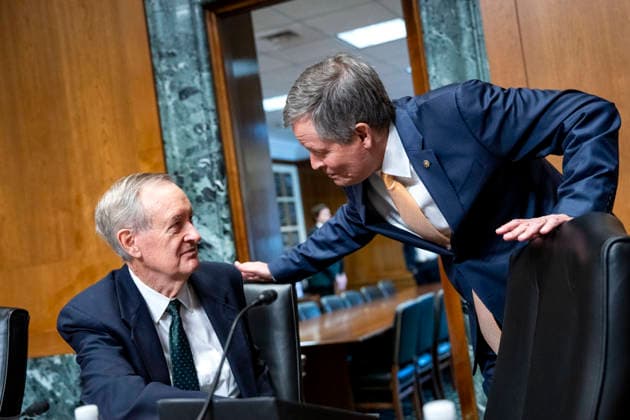 Sen. Mike Crapo, R-ID, speaks with Sen. Steve Daines, R-MT, before a Senate Finance Committee hearing with Secretary of the Treasury Scott Bessent on President Donald Trump s fiscal year 2027 budget request for the Treasury Department in the Dirksen Senate Office Building near the U.S. Capitol in Washington, DC on Wednesday, June 3, 2026.  WAP20260603471 BONNIExCASH