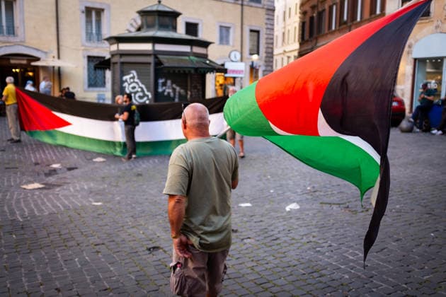 June 3, 2026, Rome, Rm, Italy: Activists gather near Montecitorio, the Chamber of Deputies, to tell the Italian government: no more complicity with Israel, no more silence in the face of human rights violations and no more trade and military agreements. Rome Italy  - ZUMAg256 20260603_znp_g256_004 Copyright: xMarcoxDixGianvitox