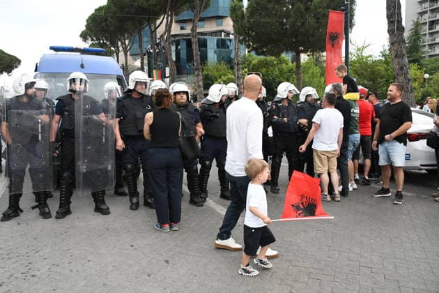 Police use water cannons to disperse protesters at a demonstration against a tourism project in Albania TIRANA, ALBANIA - JUNE 3: People face off with police during a protest against a planned tourism project in the Zvernec area of the city of Avlonya (Vlora) as they gather on the Boulevard of the Nation’s Martyrs in Tirana, Albania on June 3, 2026. People protest the sale of a stretch of coastline in Zvernec as part of a tourism project reportedly linked to U.S. President Donald Trump’s daughter, Ivanka Trump, and her husband, Jared Kushner. Olsi Shehu Anadolu Tirana Albania. Editorial use only. Please get in touch for any other usage.  Copyright: x2026xAnadoluxOlsixShehux