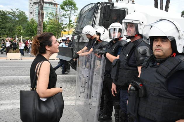 Police use water cannons to disperse protesters at a demonstration against a tourism project in Albania TIRANA, ALBANIA - JUNE 3: People face off with police during a protest against a planned tourism project in the Zvernec area of the city of Avlonya (Vlora) as they gather on the Boulevard of the Nation’s Martyrs in Tirana, Albania on June 3, 2026. People protest the sale of a stretch of coastline in Zvernec as part of a tourism project reportedly linked to U.S. President Donald Trump’s daughter, Ivanka Trump, and her husband, Jared Kushner. Olsi Shehu Anadolu Tirana Albania. Editorial use only. Please get in touch for any other usage.  Copyright: x2026xAnadoluxOlsixShehux