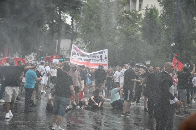 Police use water cannons to disperse protesters at a demonstration against a tourism project in Albania TIRANA, ALBANIA - JUNE 3: Police use water cannons against the protesters during a protest against a planned tourism project in the Zvernec area of the city of Avlonya (Vlora) as people gather on the Boulevard of the Nation’s Martyrs in Tirana, Albania on June 3, 2026. People protest the sale of a stretch of coastline in Zvernec as part of a tourism project reportedly linked to U.S. President Donald Trump’s daughter, Ivanka Trump, and her husband, Jared Kushner. Olsi Shehu Anadolu Tirana Albania. Editorial use only. Please get in touch for any other usage.  Copyright: x2026xAnadoluxOlsixShehux