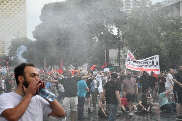Police use water cannons to disperse protesters at a demonstration against a tourism project in Albania TIRANA, ALBANIA - JUNE 3: Police use water cannons against the protesters during a protest against a planned tourism project in the Zvernec area of the city of Avlonya (Vlora) as people gather on the Boulevard of the Nation’s Martyrs in Tirana, Albania on June 3, 2026. People protest the sale of a stretch of coastline in Zvernec as part of a tourism project reportedly linked to U.S. President Donald Trump’s daughter, Ivanka Trump, and her husband, Jared Kushner. Olsi Shehu Anadolu Tirana Albania. Editorial use only. Please get in touch for any other usage.  Copyright: x2026xAnadoluxOlsixShehux