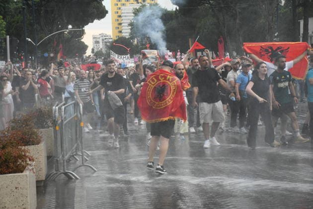 Police use water cannons to disperse protesters at a demonstration against a tourism project in Albania TIRANA, ALBANIA - JUNE 3: Police use water cannons against the protesters during a protest against a planned tourism project in the Zvernec area of the city of Avlonya (Vlora) as people gather on the Boulevard of the Nation’s Martyrs in Tirana, Albania on June 3, 2026. People protest the sale of a stretch of coastline in Zvernec as part of a tourism project reportedly linked to U.S. President Donald Trump’s daughter, Ivanka Trump, and her husband, Jared Kushner. Olsi Shehu Anadolu Tirana Albania. Editorial use only. Please get in touch for any other usage.  Copyright: x2026xAnadoluxOlsixShehux