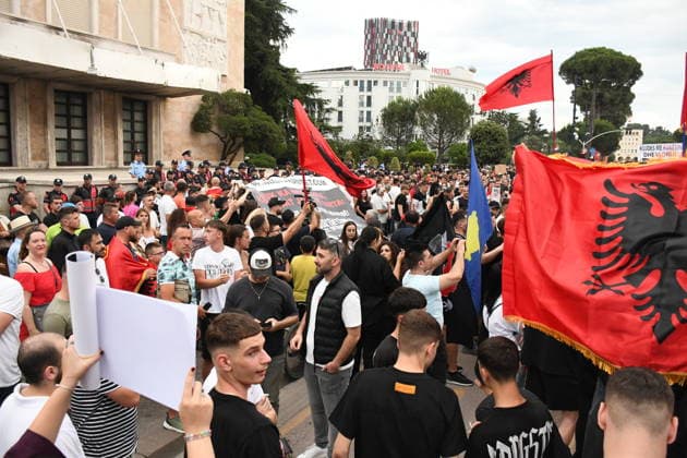 Police use water cannons to disperse protesters at a demonstration against a tourism project in Albania TIRANA, ALBANIA - JUNE 3: People stage a protest against a planned tourism project in the Zvernec area of the city of Avlonya (Vlora) as people gather on the Boulevard of the Nation’s Martyrs in Tirana, Albania on June 3, 2026. People protest the sale of a stretch of coastline in Zvernec as part of a tourism project reportedly linked to U.S. President Donald Trump’s daughter, Ivanka Trump, and her husband, Jared Kushner. Olsi Shehu Anadolu Tirana Albania. Editorial use only. Please get in touch for any other usage.  Copyright: x2026xAnadoluxOlsixShehux