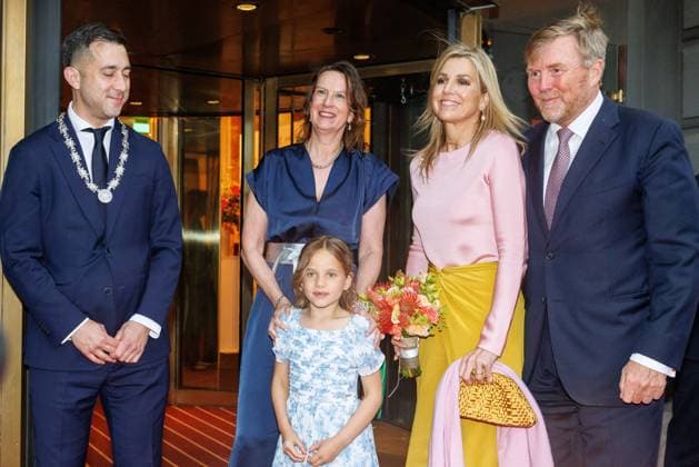 The Netherlands, 2026-06-03 20:29:52 NLD Amsterdam 20260603 - Royal Couple at the opening of the Holland Festival. In the photo: King Willem-Alexander and Queen Maxima - Greeting outside the main entrance by Emily Ansenk, Director of the Holland Festival. H.M. the Queen is presented with a hand bouquet by Alma Valkenburg (7 years old), daughter of Music & Music Theatre Program Manager Jochem Valkenburg.  Copyright: xx x