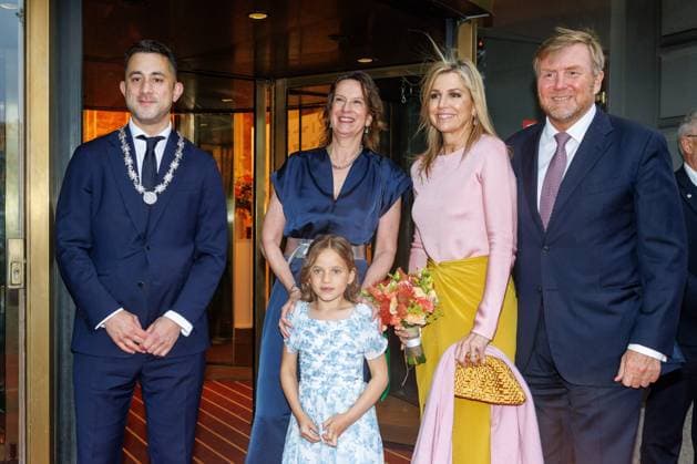 The Netherlands, 2026-06-03 20:29:53 NLD Amsterdam 20260603 - Royal Couple at the opening of the Holland Festival. In the photo: King Willem-Alexander and Queen Maxima - Greeting outside the main entrance by Emily Ansenk, Director of the Holland Festival. H.M. the Queen is presented with a hand bouquet by Alma Valkenburg (7 years old), daughter of Music & Music Theatre Program Manager Jochem Valkenburg.  Copyright: xx x