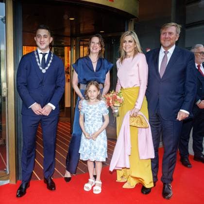 The Netherlands, 2026-06-03 20:29:55 NLD Amsterdam 20260603 - Royal Couple at the opening of the Holland Festival. In the photo: King Willem-Alexander and Queen Maxima - Greeting outside the main entrance by Emily Ansenk, Director of the Holland Festival. H.M. the Queen is presented with a hand bouquet by Alma Valkenburg (7 years old), daughter of Music & Music Theatre Program Manager Jochem Valkenburg.  Copyright: xx x