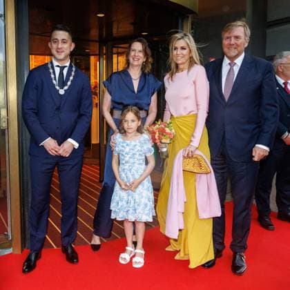 The Netherlands, 2026-06-03 20:29:57 NLD Amsterdam 20260603 - Royal Couple at the opening of the Holland Festival. In the photo: King Willem-Alexander and Queen Maxima - Greeting outside the main entrance by Emily Ansenk, Director of the Holland Festival. H.M. the Queen is presented with a hand bouquet by Alma Valkenburg (7 years old), daughter of Music & Music Theatre Program Manager Jochem Valkenburg.  Copyright: xx x
