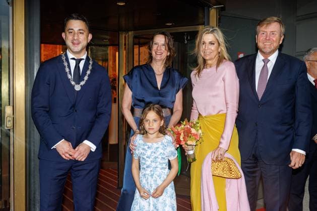 The Netherlands, 2026-06-03 20:29:58 NLD Amsterdam 20260603 - Royal Couple at the opening of the Holland Festival. In the photo: King Willem-Alexander and Queen Maxima - Greeting outside the main entrance by Emily Ansenk, Director of the Holland Festival. H.M. the Queen is presented with a hand bouquet by Alma Valkenburg (7 years old), daughter of Music & Music Theatre Program Manager Jochem Valkenburg.  Copyright: xx x