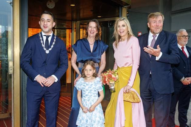 The Netherlands, 2026-06-03 20:30:03 NLD Amsterdam 20260603 - Royal Couple at the opening of the Holland Festival. In the photo: King Willem-Alexander and Queen Maxima - Greeting outside the main entrance by Emily Ansenk, Director of the Holland Festival. H.M. the Queen is presented with a hand bouquet by Alma Valkenburg (7 years old), daughter of Music & Music Theatre Program Manager Jochem Valkenburg.  Copyright: xx x