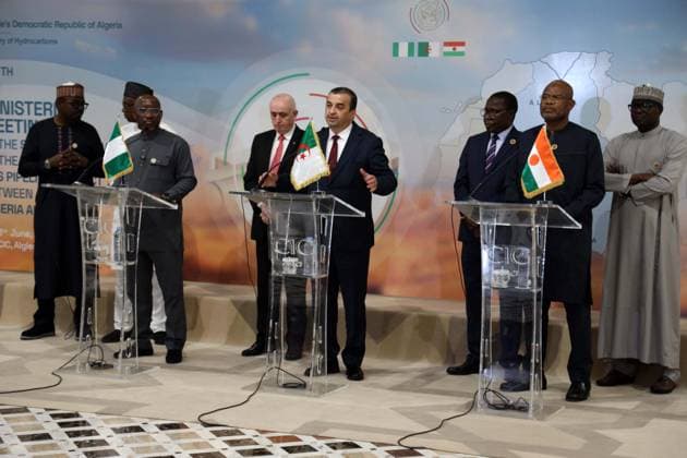 5th ministerial meeting of the TSGP trans-Saharan gas pipeline project Mohamed Arkab, Algerian Minister of Energy and Mines C , Ekperikpe Ekpo, Nigerian Minister of State for Petroleum Resources, L , Hamadou TINI, Nigerian Minister of Public Works R , at the 5th ministerial meeting of the steering committee for the trans-Saharan gas pipeline project between Algeria, Nigeria and Niger in Algiers, Algeria on June 03, 2026, the meeting will address the conclusions of the 4th ministerial meeting of the TSGP Steering Committee, which was sanctioned by the signing of a memorandum of understanding between the three countries Photo By Billel Bensalem APP Alger Algeria Copyright: xAlgÃ riexPressexPhotosxAPPxBillelxBensalemx xAPPx IMG_3652