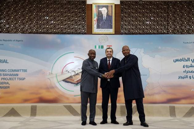 5th ministerial meeting of the TSGP trans-Saharan gas pipeline project Mohamed Arkab, Algerian Minister of Energy and Mines C , Ekperikpe Ekpo, Nigerian Minister of State for Petroleum Resources, L , Hamadou TINI, Nigerian Minister of Public Works R , at the 5th ministerial meeting of the steering committee for the trans-Saharan gas pipeline project between Algeria, Nigeria and Niger in Algiers, Algeria on June 03, 2026, the meeting will address the conclusions of the 4th ministerial meeting of the TSGP Steering Committee, which was sanctioned by the signing of a memorandum of understanding between the three countries Photo By Billel Bensalem APP Alger Algeria Copyright: xAlgÃ riexPressexPhotosxAPPxBillelxBensalemx xAPPx IMG_3672