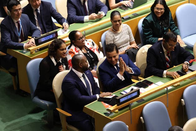 June 3, 2026, New York, New York, USA: Trinidad and TobagoÃ¢â‚¬â ¢s delegation reacts in the General Assembly Hall after Trinidad and Tobago is elected to a non-permanent seat on the UN Security Council for the 2027Ã¢â‚¬2028 term at UNHQ New York USA - ZUMAo116 20260603_znp_o116_050 Copyright: xBiancaxOterox