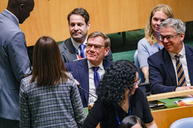 June 3, 2026, New York, New York, USA: GermanyÃ¢â‚¬â ¢s Federal Minister for Foreign Affairs JOHANN WADEPHUL smiles after voting with GermanyÃ¢â‚¬â ¢s Permanent Representative to the UN RICKLEF BEUTIN next to him during a vote for non-permanent seats on the UN Security Council for the 2027Ã¢â‚¬2028 term in the General Assembly Hall at UNHQ New York USA - ZUMAo116 20260603_znp_o116_056 Copyright: xBiancaxOterox