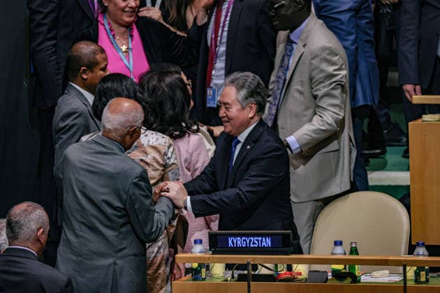 June 3, 2026, New York, New York, USA: KyrgyzstanÃ¢â‚¬â ¢s Minister of Foreign Affairs ZHEENBEK KULUBAEV JEENBEK KULUBAYEV shakes hands with delegates in the General Assembly Hall after Kyrgyzstan was elected to a non-permanent seat on the UN Security Council for the 2027Ã¢â‚¬2028 term at UNHQ. New York USA - ZUMAo116 20260603_znp_o116_152 Copyright: xBiancaxOterox