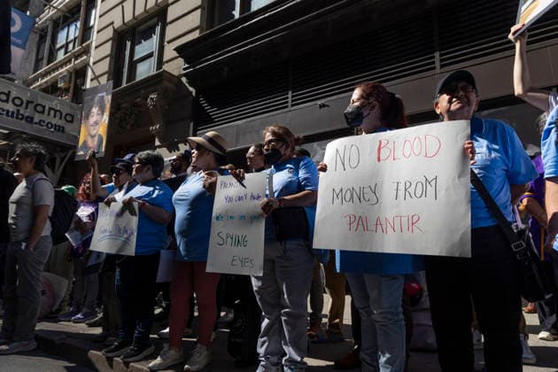June 3, 2026, New York, New York, USA: During Palantir TechnologiesÃ¢â‚¬â ¢ Annual Meeting of Stockholders immigration advocates, family members of those deported and detained, faith leaders, union members and allies rally outside the tech company s office in Manhattan s Chelsea neighborhood denouncing PalantirÃ¢â‚¬â ¢s partnership with U.S. Immigration and Customs Enforcement (ICE) and the US Department of Defense and its role providing software aiding President Trump s mass deportation agenda. Protesters hold signs that read NO BLOOD MONEY FROM PALANTIR. Attendees stand in support of the Congregation of the Sisters of St. Joseph of Peace who put forth Shareholder Proposal 5 during the Annual General Meeting, calling on Palantir to condu - ZUMAr174 20260603_znp_r174_017 Copyright: xGinaxMxRandazzox