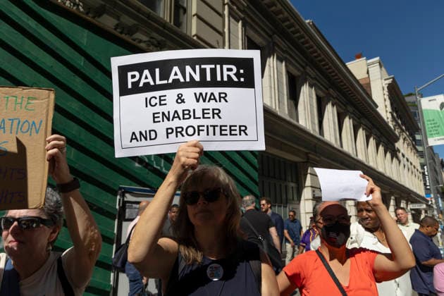 June 3, 2026, New York, New York, USA: A protester holds a sign that reads PALANTIR ICE and WAR ENABLER AND PROFITEER. During Palantir TechnologiesÃ¢â‚¬â ¢ Annual Meeting of Stockholders immigration advocates, family members of those deported and detained, faith leaders, union members and allies rally outside the tech company s office in Manhattan s Chelsea neighborhood denouncing PalantirÃ¢â‚¬â ¢s partnership with U.S. Immigration and Customs Enforcement (ICE) and the US Department of Defense and its role providing software aiding President Trump s mass deportation agenda. Attendees stand in support of the Congregation of the Sisters of St. Joseph of Peace who put forth Shareholder Proposal 5 during the Annual General Meeting, calling on - ZUMAr174 20260603_znp_r174_024 Copyright: xGinaxMxRandazzox