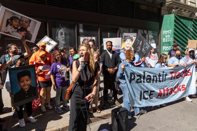 June 3, 2026, New York, New York, USA: Rev. AMANDA HAMBRICK ASHCRAFT, Consulting Community Minister at Middle Church speaks. People hold signs with a picture of Martin Soto, a leader of the labor and hunger strike at Delaney Hall Immigration Detention Center in Newark, NJ, with his children, a sign with a school picture of Liam Ramos, a 5 year old who was detained by ICE and a banner that reads Palantir Tracks ICE Attacks. During Palantir TechnologiesÃ¢â‚¬â ¢ Annual Meeting of Stockholders immigration advocates, family members of those deported and detained, faith leaders, union members and allies rally outside the tech company s office in Manhattan s Chelsea neighborhood denouncing PalantirÃ¢â‚¬â ¢s partnership with U.S. Immigration and - ZUMAr174 20260603_znp_r174_038 Copyright: xGinaxMxRandazzox