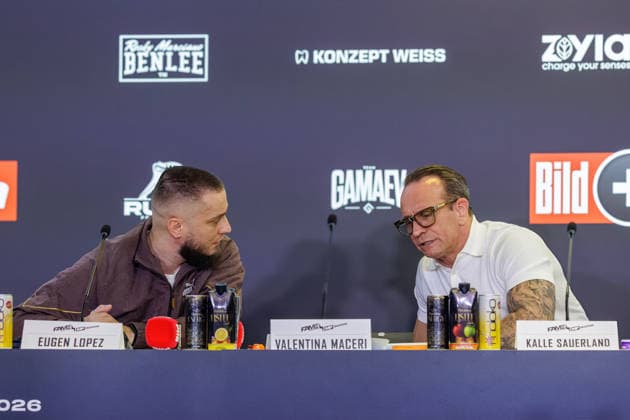 03.06.2026. Leverkusen. (l-r) Eugen Lopez und Kalle Sauerland auf der Pressekonferenz im Vorfeld zum Fame Fighting, das große Promibox-Event von BILD und Eugen Lopez am 06.06.2026 in der Leverkusener Ostermann Arena. Zum ersten Mal in Kooperation mit dem britischen Pendant Misfits Boxing und dem internationalen Medienpartner The Sun. Leverkusen Ostermann Arena Nordrhein-Westfalen Deutschland *** 03 06 2026 Leverkusen l r Eugen Lopez and Kalle Sauerland at the press conference in the run-up to Fame Fighting, the big celebrity boxing event by BILD and Eugen Lopez on 06 06 2026 in the Ostermann Arena in Leverkusen For the first time in cooperation with the British counterpart Misfits Boxing and the international media partner The Sun Leverkus