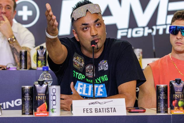 03.06.2026. Leverkusen. Fes Batista auf der Pressekonferenz im Vorfeld zum Fame Fighting, das große Promibox-Event von BILD und Eugen Lopez am 06.06.2026 in der Leverkusener Ostermann Arena. Zum ersten Mal in Kooperation mit dem britischen Pendant Misfits Boxing und dem internationalen Medienpartner The Sun. Leverkusen Ostermann Arena Nordrhein-Westfalen Deutschland *** 03 06 2026 Leverkusen Fes Batista at the press conference in the run-up to Fame Fighting, the big celebrity boxing event by BILD and Eugen Lopez on 06 06 2026 in the Ostermann Arena in Leverkusen For the first time in cooperation with the British counterpart Misfits Boxing and the international media partner The Sun Leverkusen Ostermann Arena North Rhine-Westphalia Germany