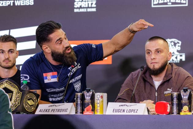 03.06.2026. Leverkusen. Aleks Petrovic auf der Pressekonferenz im Vorfeld zum Fame Fighting, das große Promibox-Event von BILD und Eugen Lopez am 06.06.2026 in der Leverkusener Ostermann Arena. Zum ersten Mal in Kooperation mit dem britischen Pendant Misfits Boxing und dem internationalen Medienpartner The Sun. Leverkusen Ostermann Arena Nordrhein-Westfalen Deutschland *** 03 06 2026 Leverkusen Aleks Petrovic at the press conference in the run-up to Fame Fighting, the big celebrity boxing event by BILD and Eugen Lopez on 06 06 2026 in the Ostermann Arena in Leverkusen For the first time in cooperation with the British counterpart Misfits Boxing and the international media partner The Sun Leverkusen Ostermann Arena North Rhine-Westphalia Ge