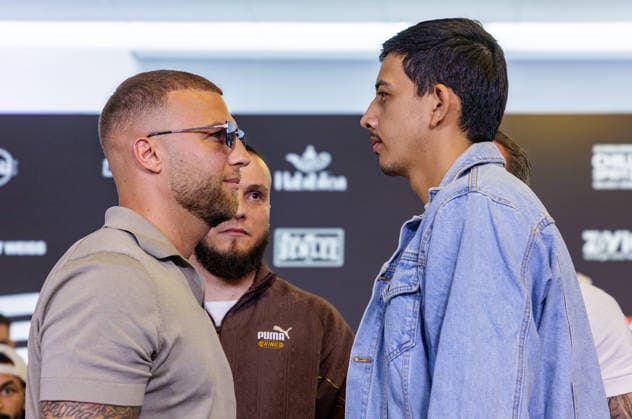 03.06.2026. Leverkusen. Filip Pavlovic vs. Luis Pineda auf der Pressekonferenz im Vorfeld zum Fame Fighting, das große Promibox-Event von BILD und Eugen Lopez am 06.06.2026 in der Leverkusener Ostermann Arena. Zum ersten Mal in Kooperation mit dem britischen Pendant Misfits Boxing und dem internationalen Medienpartner The Sun. Leverkusen Ostermann Arena Nordrhein-Westfalen Deutschland *** 03 06 2026 Leverkusen Filip Pavlovic vs Luis Pineda at the press conference in the run-up to Fame Fighting, the big promo boxing event by BILD and Eugen Lopez on 06 06 2026 in the Ostermann Arena in Leverkusen For the first time in cooperation with the British counterpart Misfits Boxing and the international media partner The Sun Leverkusen Ostermann Aren