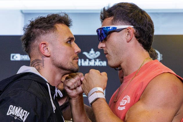 03.06.2026. Leverkusen. Tobias Pietrek vs. Josh Brueckner auf der Pressekonferenz im Vorfeld zum Fame Fighting, das große Promibox-Event von BILD und Eugen Lopez am 06.06.2026 in der Leverkusener Ostermann Arena. Zum ersten Mal in Kooperation mit dem britischen Pendant Misfits Boxing und dem internationalen Medienpartner The Sun. Leverkusen Ostermann Arena Nordrhein-Westfalen Deutschland *** 03 06 2026 Leverkusen Tobias Pietrek vs Josh Brueckner at the press conference in the run-up to Fame Fighting, the big celebrity boxing event by BILD and Eugen Lopez on 06 06 2026 in the Ostermann Arena in Leverkusen For the first time in cooperation with the British counterpart Misfits Boxing and the international media partner The Sun Leverkusen Oste
