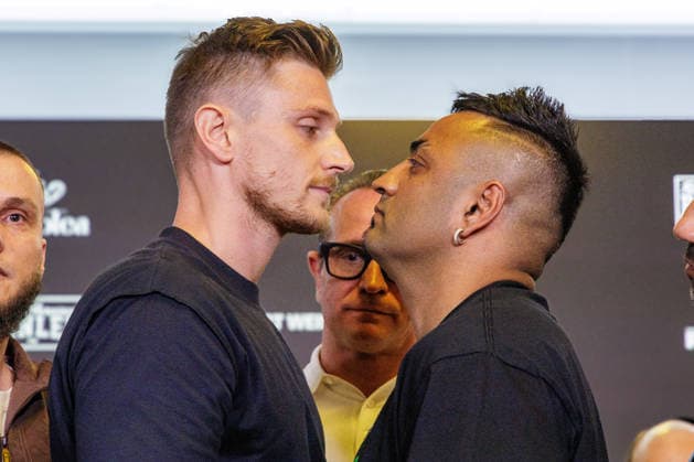 03.06.2026. Leverkusen. Tommy Pedroni vs. Fes Batista auf der Pressekonferenz im Vorfeld zum Fame Fighting, das große Promibox-Event von BILD und Eugen Lopez am 06.06.2026 in der Leverkusener Ostermann Arena. Zum ersten Mal in Kooperation mit dem britischen Pendant Misfits Boxing und dem internationalen Medienpartner The Sun. Leverkusen Ostermann Arena Nordrhein-Westfalen Deutschland *** 03 06 2026 Leverkusen Tommy Pedroni vs Fes Batista at the press conference in the run-up to Fame Fighting, the big celebrity boxing event by BILD and Eugen Lopez on 06 06 2026 in the Ostermann Arena in Leverkusen For the first time in cooperation with the British counterpart Misfits Boxing and the international media partner The Sun Leverkusen Ostermann Ar